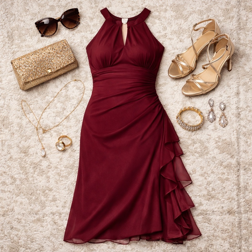 B&A by Betsy & Adam Garnet Red Ruched Halter Gown Size 6 Dress NWT Formal Prom